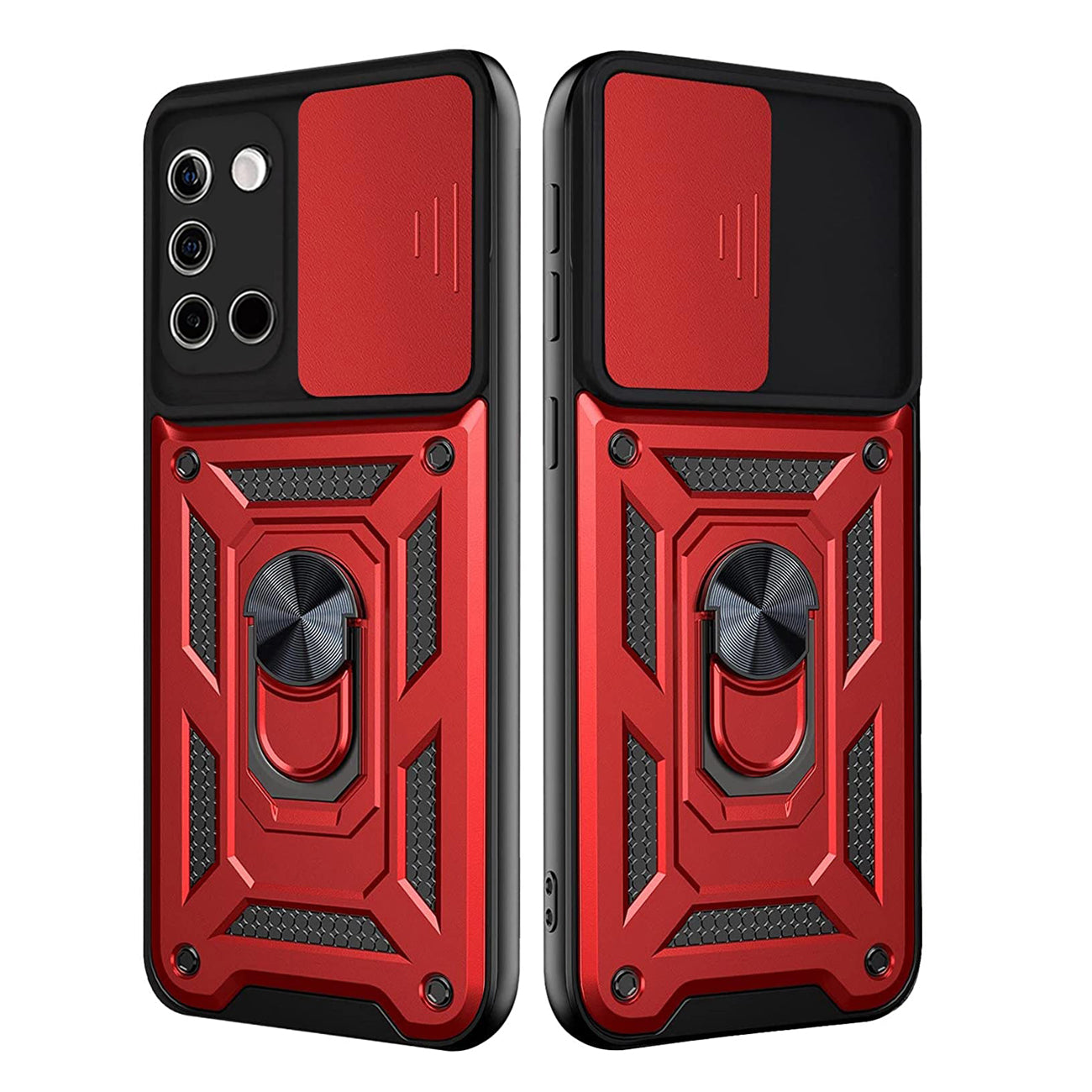 Kickstand Ring Holder with Slide Camera Cover TPU Shockproof Case and Magnetic Car Mount for SAMSUNG GALAXY A02S In Red